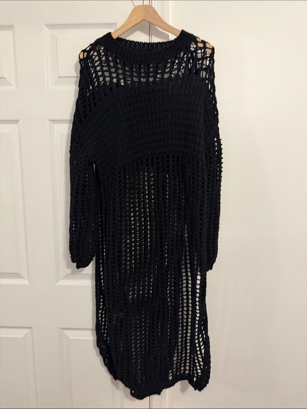 Black Open-Knit Long cover up Sweater. High slits